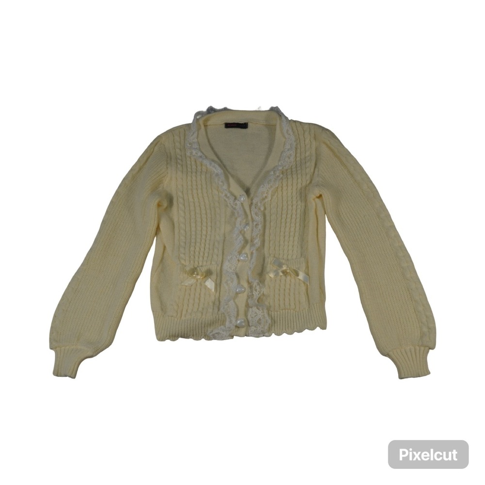 Romwe Cardigan Sweater Womens Small Cream Lace Trim Cable Knit Button Front